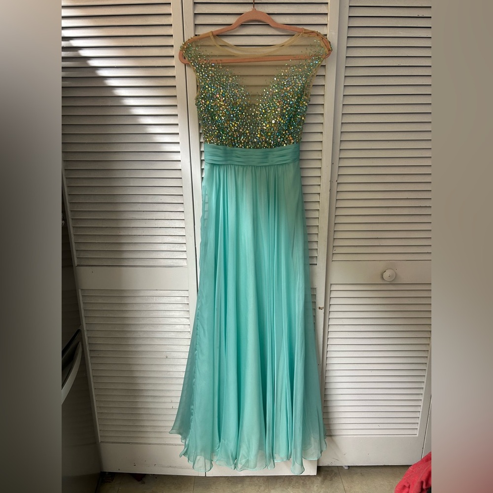 La Femme Embellished Aqua Prom Gown‎ with Beaded Bodice Size 2